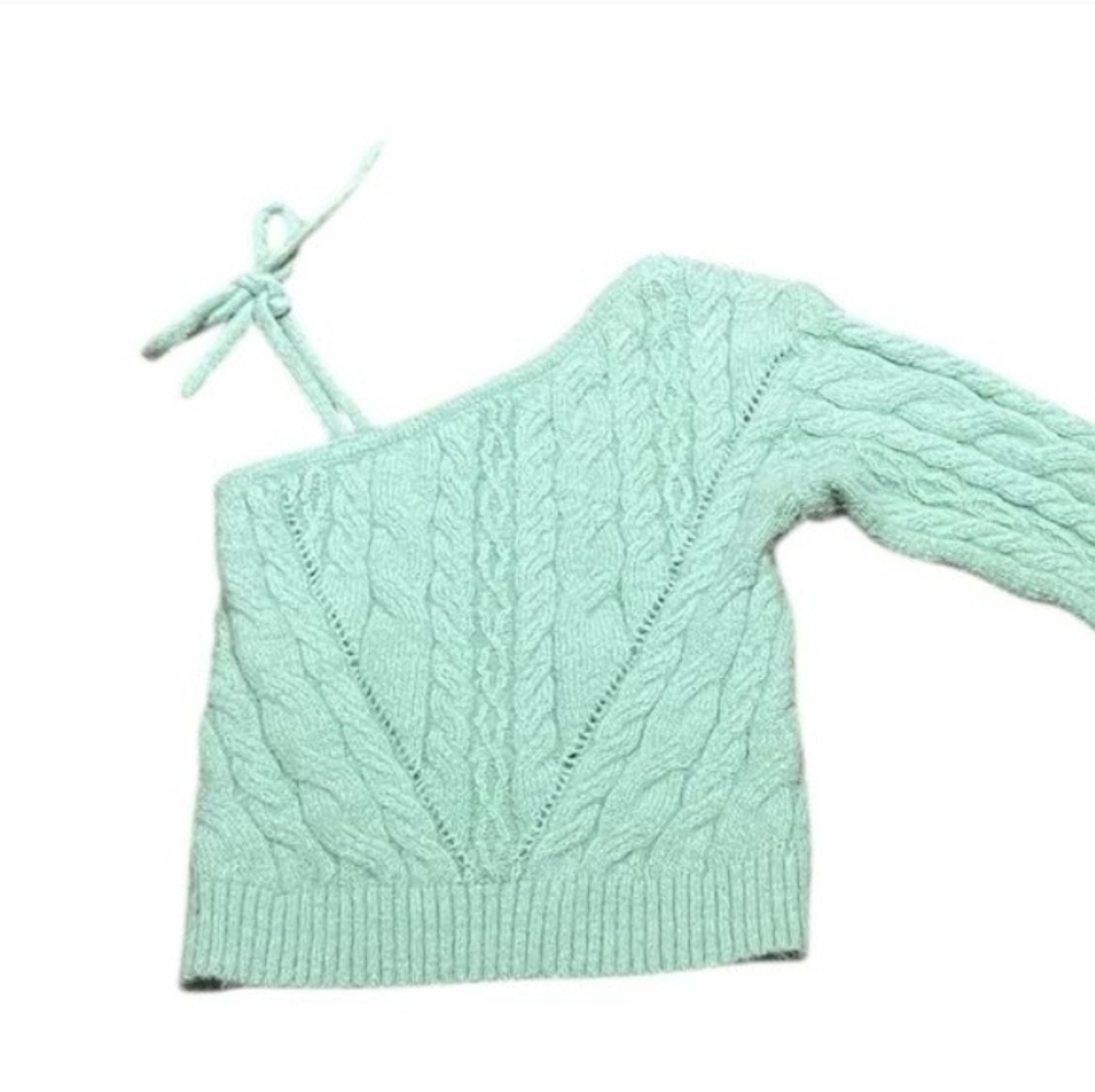 Wild Fable Women's One Shoulder Tie Cable Pullover Sweater Mint Green - Picture 4 of 7